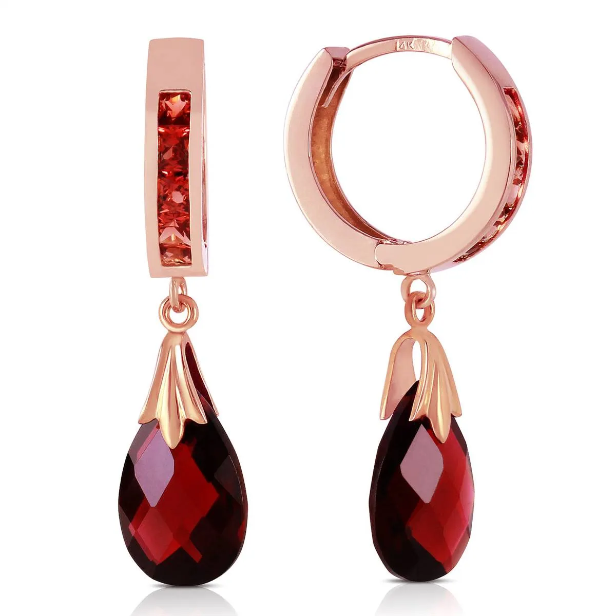 14K Solid Rose Gold Hoop Natural Garnet Earrings Jewelry