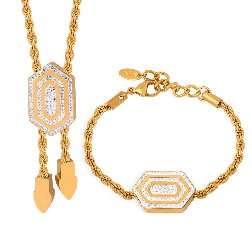 18K gold exquisite and noble hexagonal inlaid zircon and tassel design bracelet and necklace set