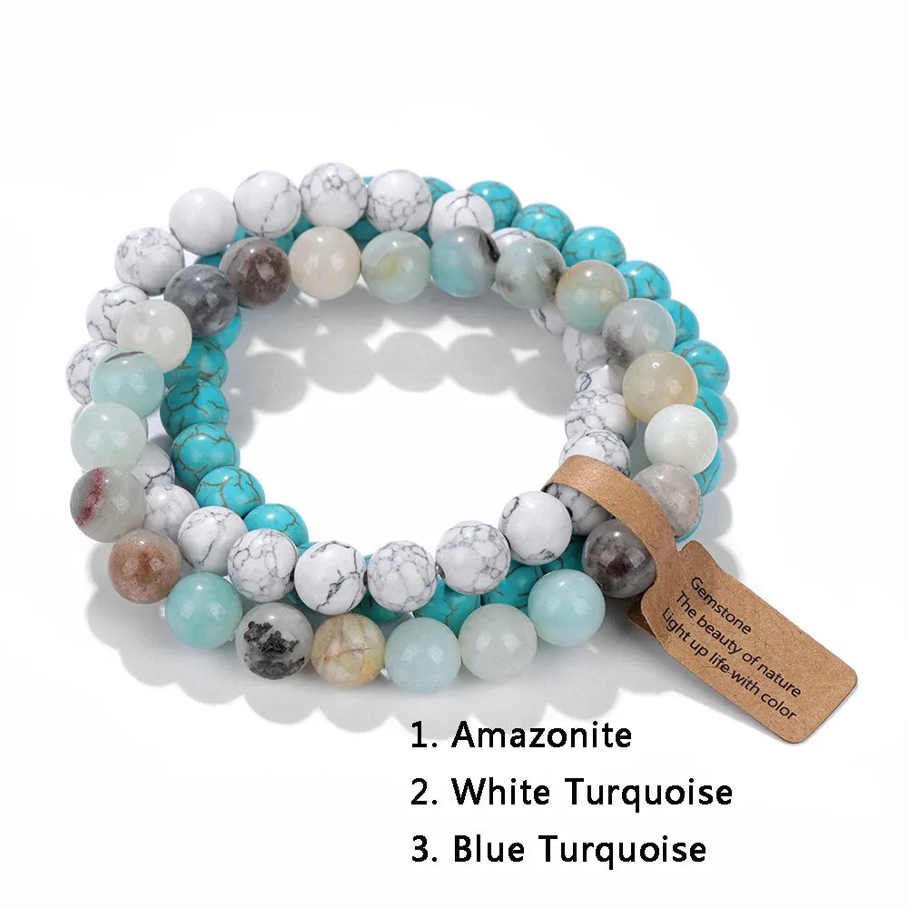 3PCS Natural Stone Bracelet Rose Quartzs Opal Turquoises Amethysts Hematite Jaspers Bracelets for Women Men Gift Jewelry Set