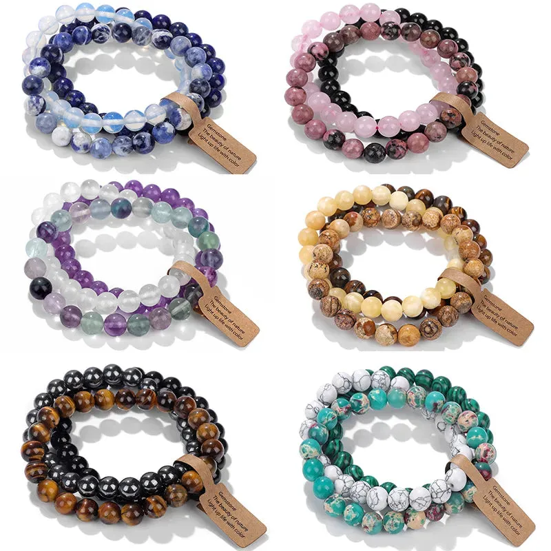 3PCS Natural Stone Bracelet Rose Quartzs Opal Turquoises Amethysts Hematite Jaspers Bracelets for Women Men Gift Jewelry Set