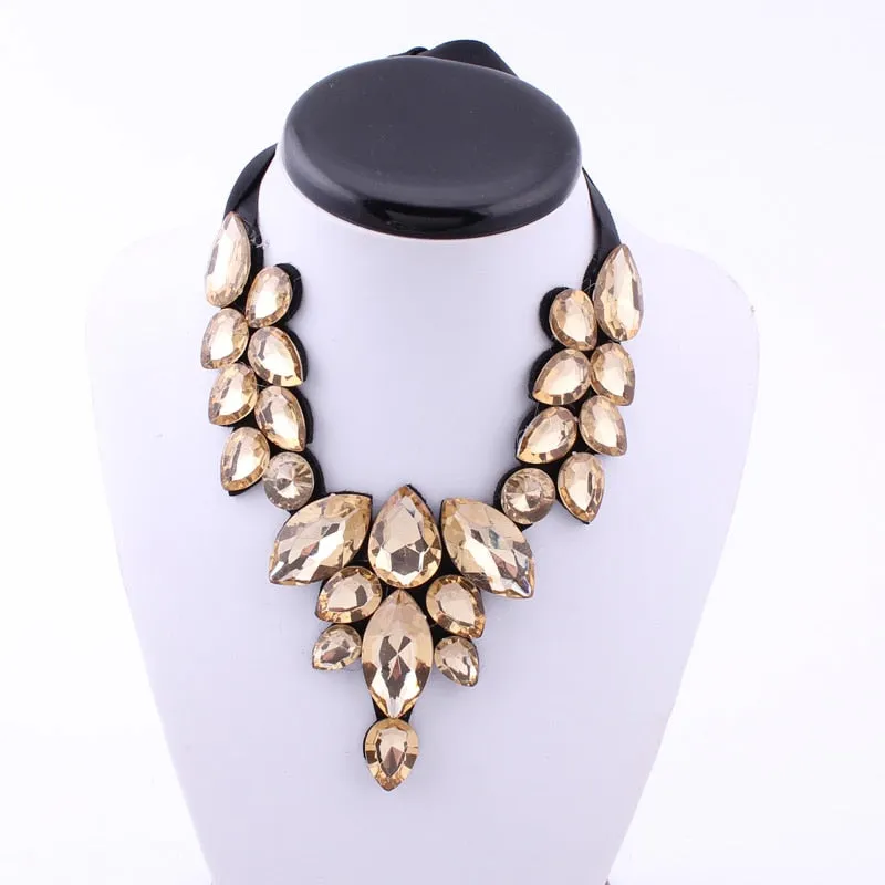 5 Colors Statement Black Ribbon V Shape Water Drop Big Gem Bib Necklaces Rhinestone Crystal Choker Necklaces Pendants For Women