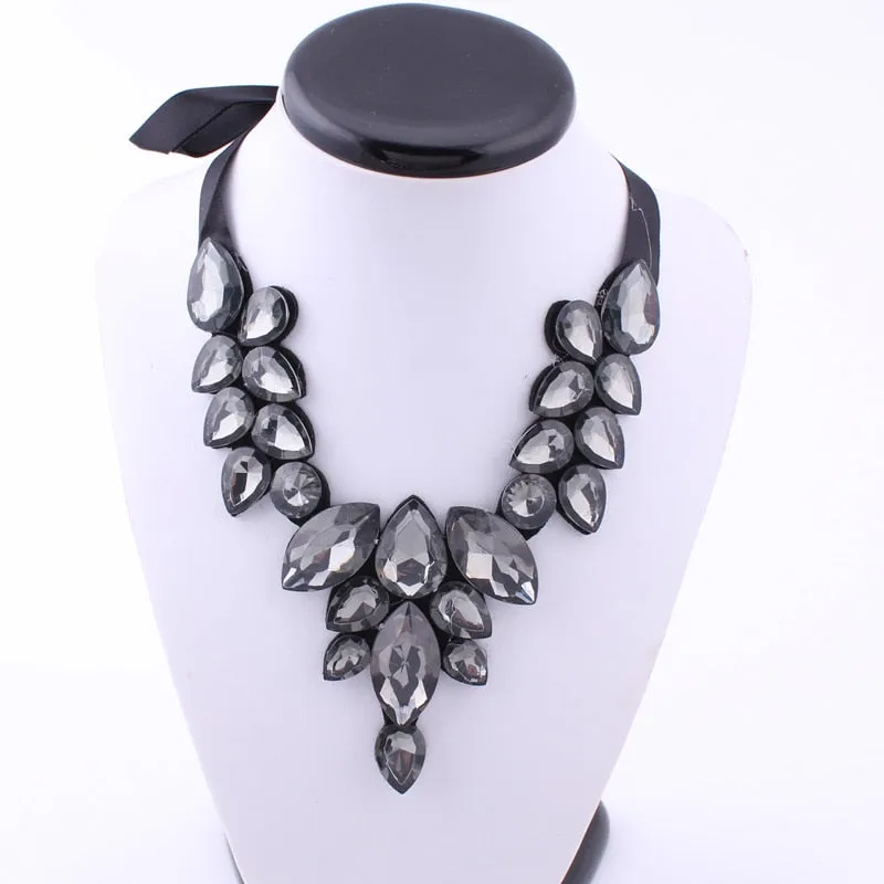 5 Colors Statement Black Ribbon V Shape Water Drop Big Gem Bib Necklaces Rhinestone Crystal Choker Necklaces Pendants For Women