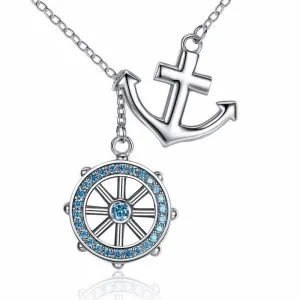 925 Sterling Silver Blue Anchor & Rudder Pendant Neklace