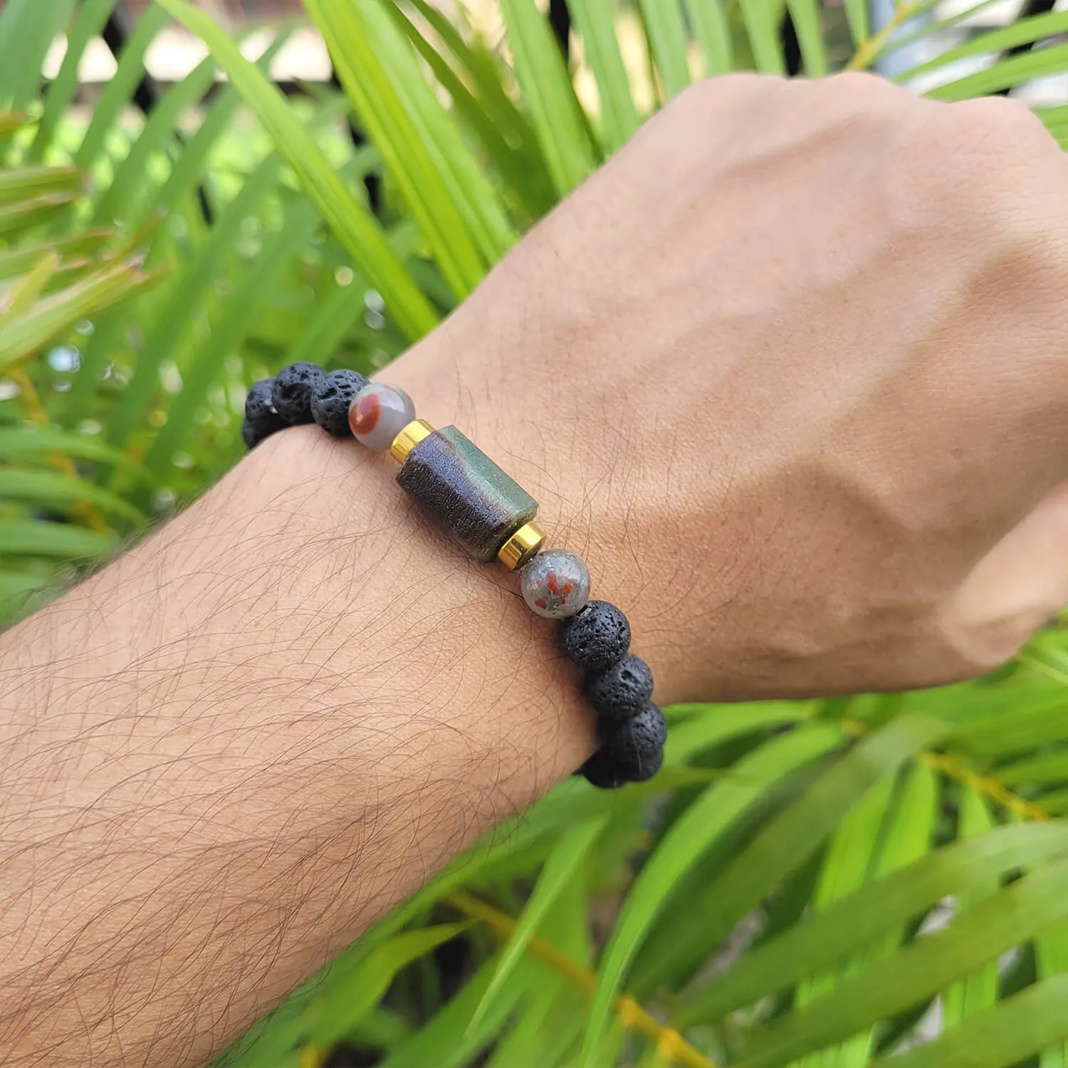 African Bloodstone Matte Tumble Bracelet With Lava Stone And Golden Hematite