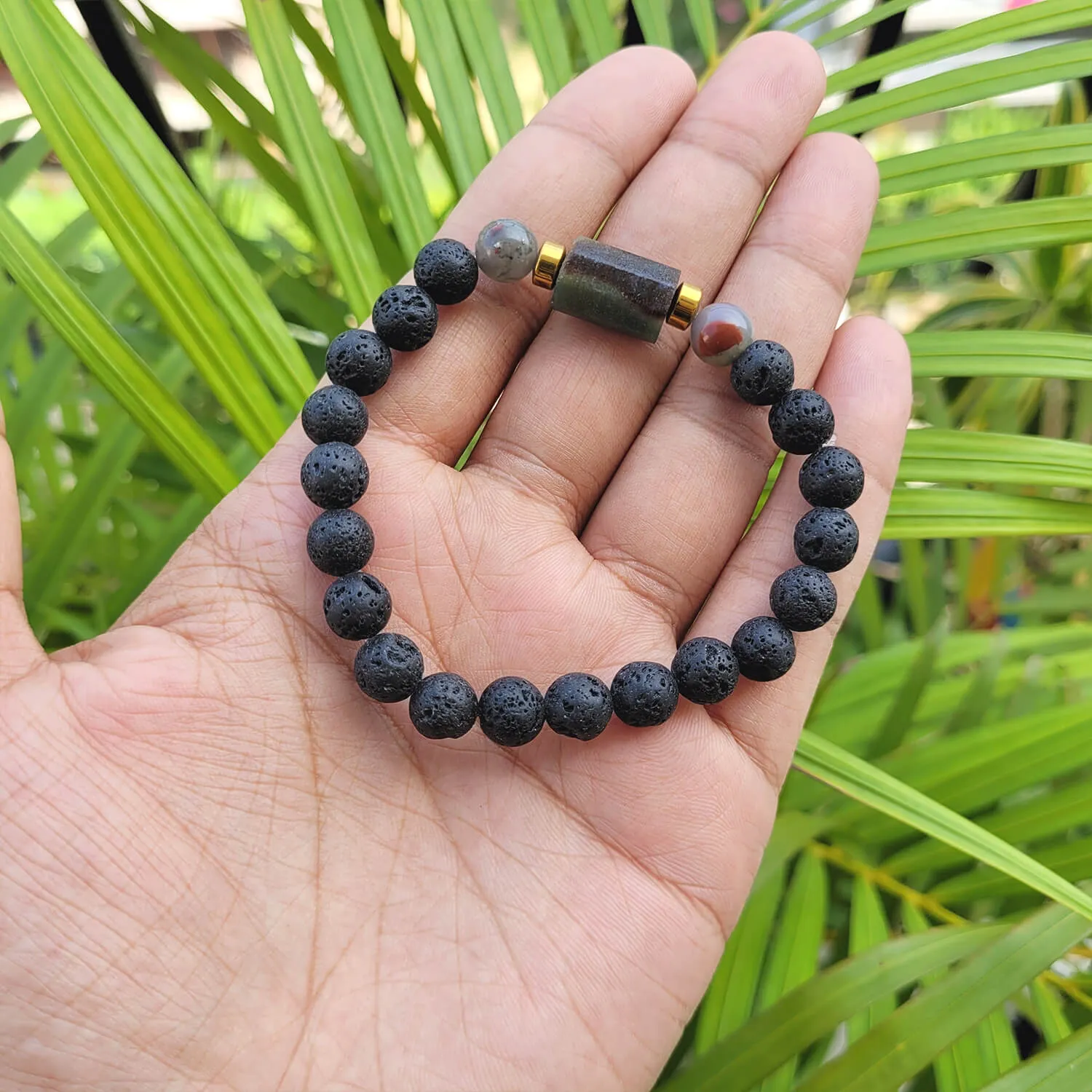 African Bloodstone Matte Tumble Bracelet With Lava Stone And Golden Hematite