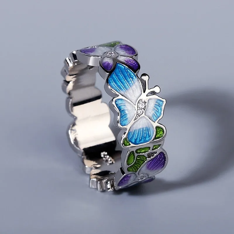 Blue Butterfly Purple Flower Enamel Ring for Women with Zircon in 925 Sterling Silver