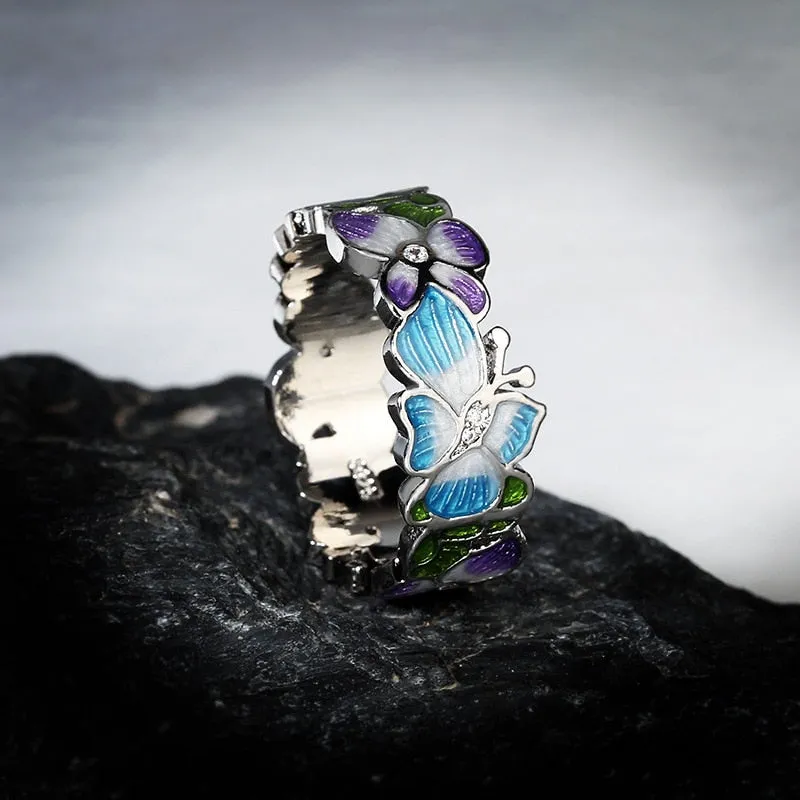 Blue Butterfly Purple Flower Enamel Ring for Women with Zircon in 925 Sterling Silver