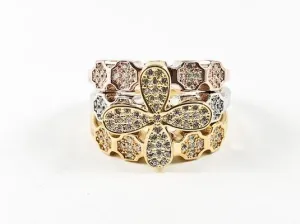 Elegant Unique Tricolor Floral Design Brass Ring