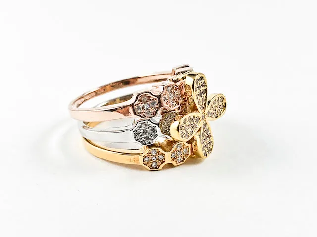 Elegant Unique Tricolor Floral Design Brass Ring