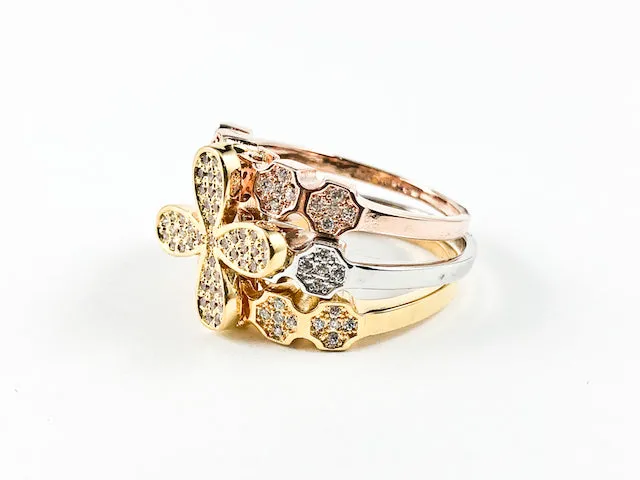 Elegant Unique Tricolor Floral Design Brass Ring