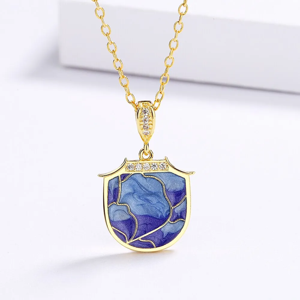 Fashion Jewelry Purple Geometric Enamel Pendant Necklaces with Zircon in Gold Color