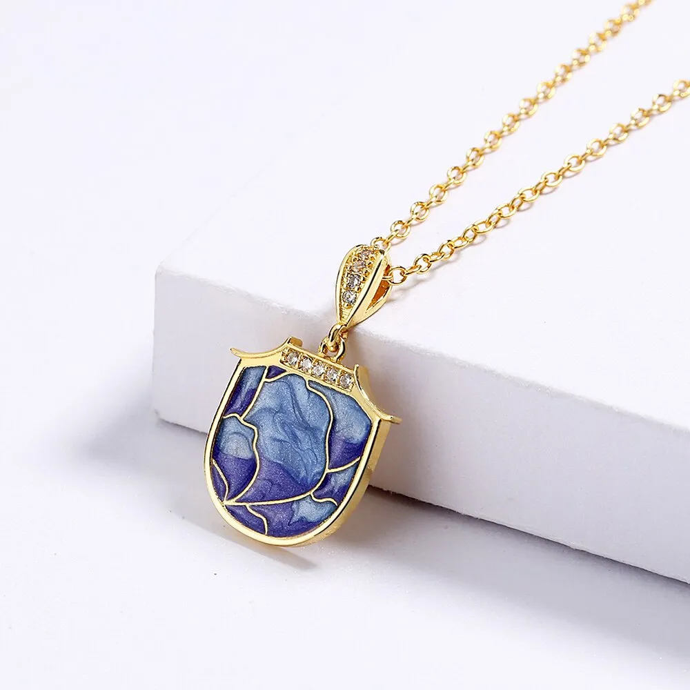 Fashion Jewelry Purple Geometric Enamel Pendant Necklaces with Zircon in Gold Color