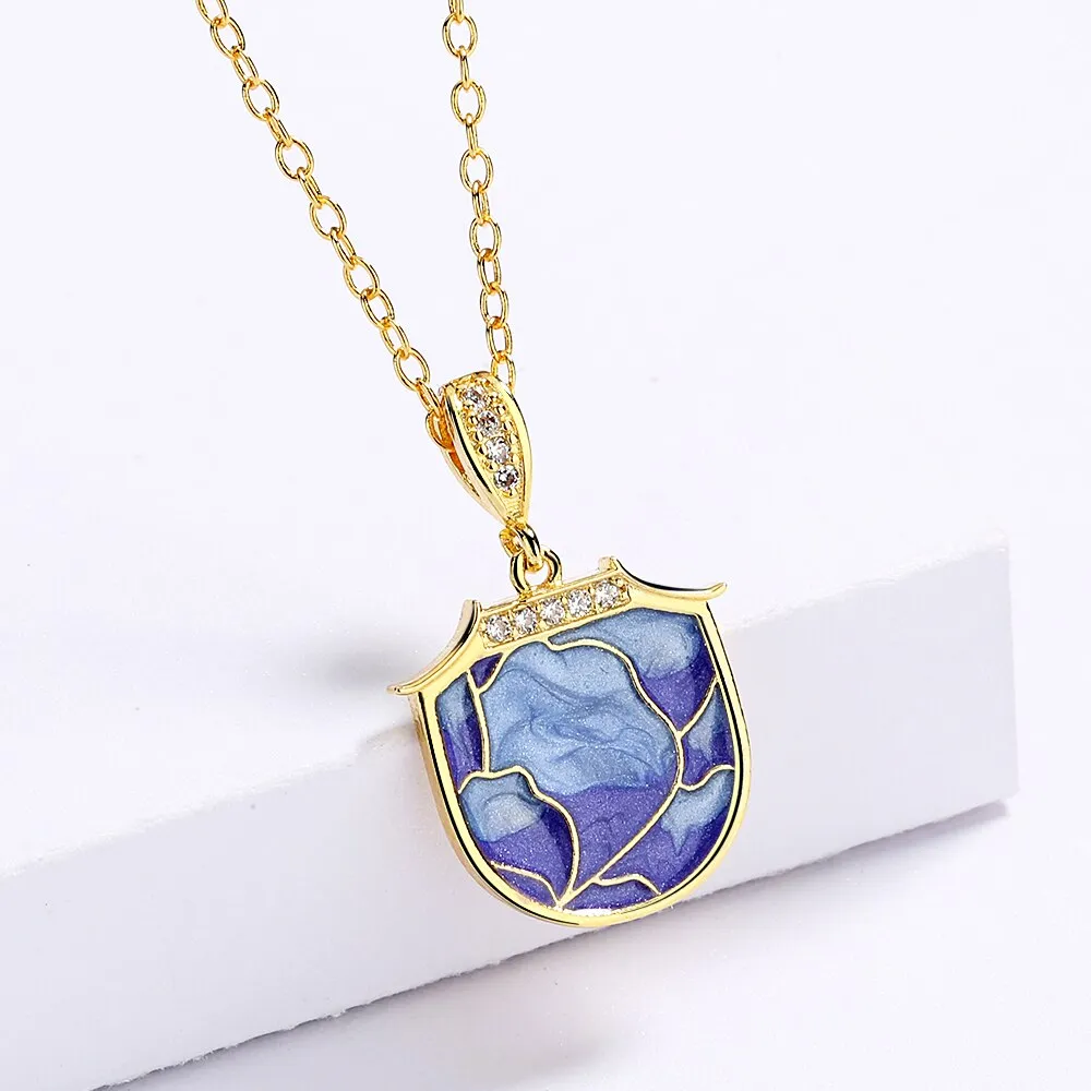 Fashion Jewelry Purple Geometric Enamel Pendant Necklaces with Zircon in Gold Color