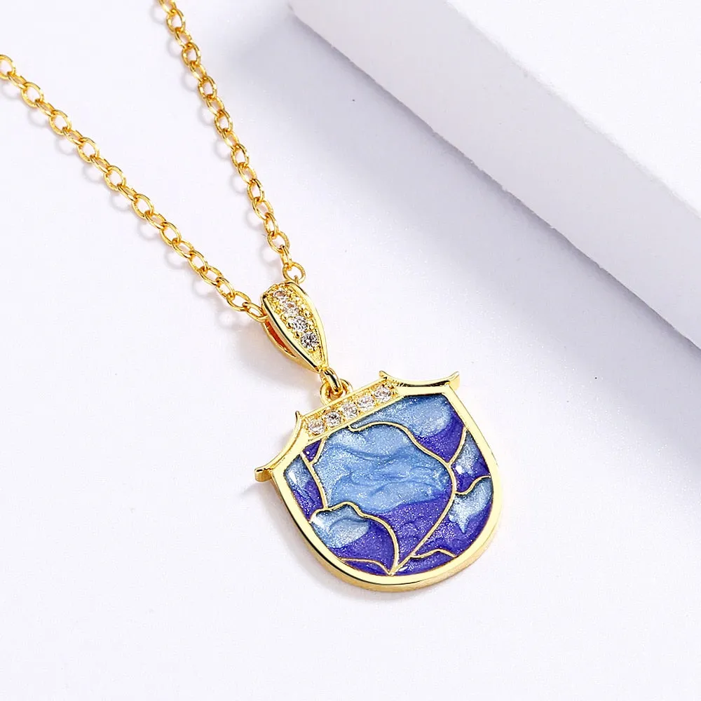 Fashion Jewelry Purple Geometric Enamel Pendant Necklaces with Zircon in Gold Color