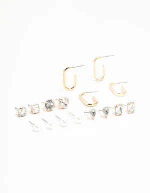 Gold Hoop & Diamante Stud Earrings 8-Pack