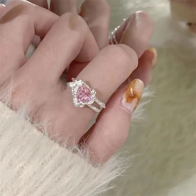 Heart Open Rings for Women Korea Geometric Crystal Moonstone Gothic Finger Ring Y2K Accessories Trendy Aesthetic Jewelry Gift