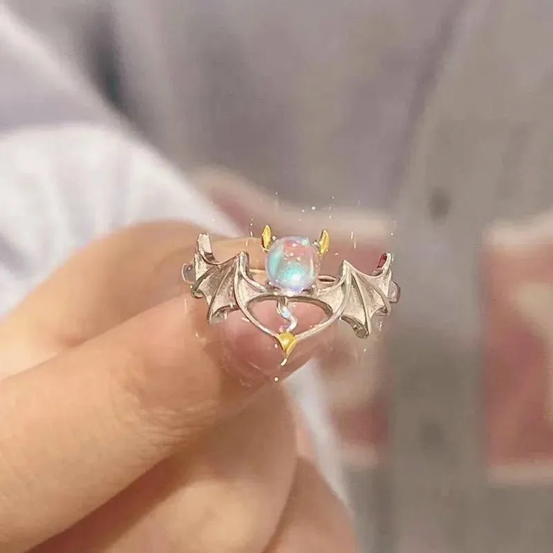 Heart Open Rings for Women Korea Geometric Crystal Moonstone Gothic Finger Ring Y2K Accessories Trendy Aesthetic Jewelry Gift