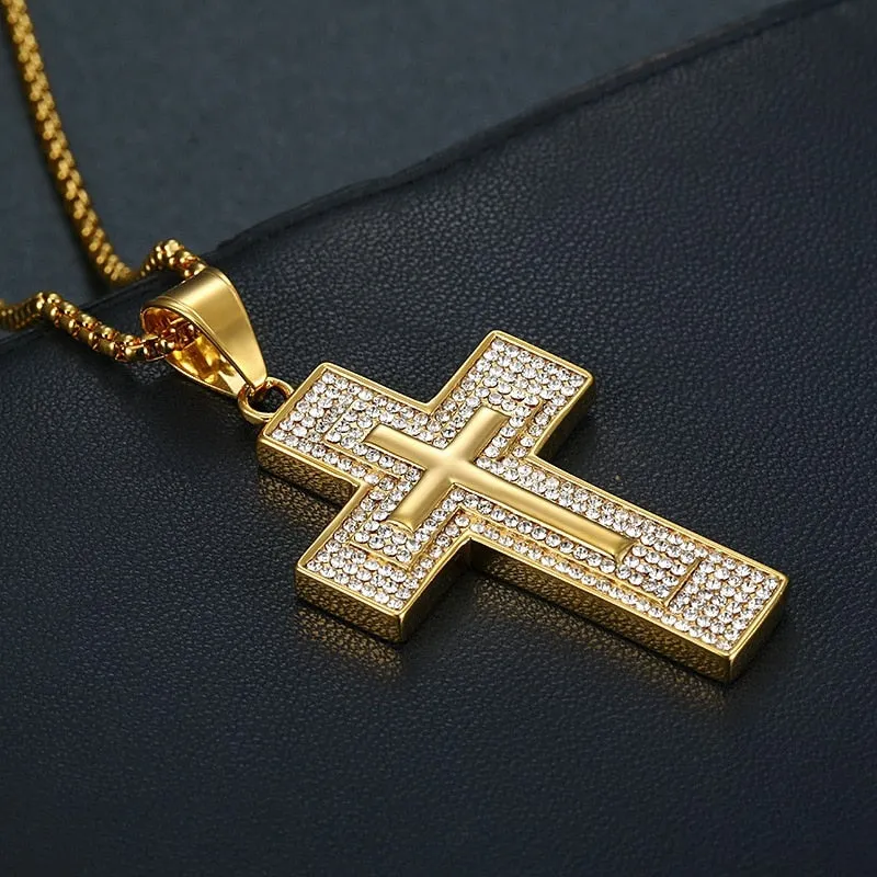 Hip Hop Jewelry Large Cross Pendant Necklaces with Rhinestone in Gold Color