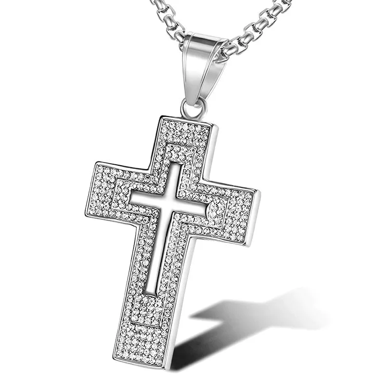 Hip Hop Jewelry Large Cross Pendant Necklaces with Rhinestone in Gold Color