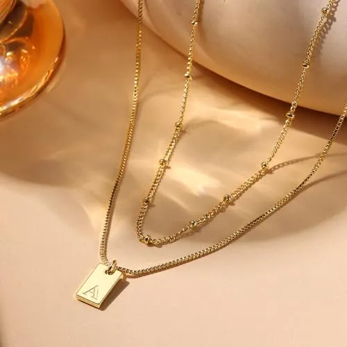 Krfy Layered Initial Necklaces for Women 14K Gold Plated Letter A Necklace Dainty Gold Name Necklace Personalized Initial Tag Pendant Necklace for Women Trendy Gold Jewelry