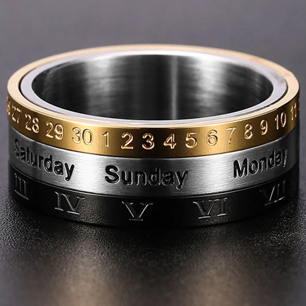 Men's Roman Numerals Date Calendar Time Ring For Rotatable Week Finger Stainless Steel Rings