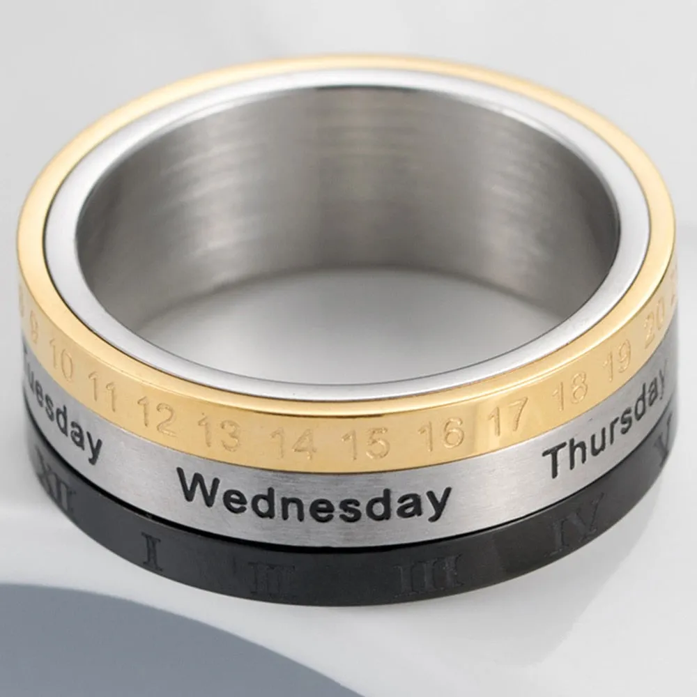 Men's Roman Numerals Date Calendar Time Ring For Rotatable Week Finger Stainless Steel Rings