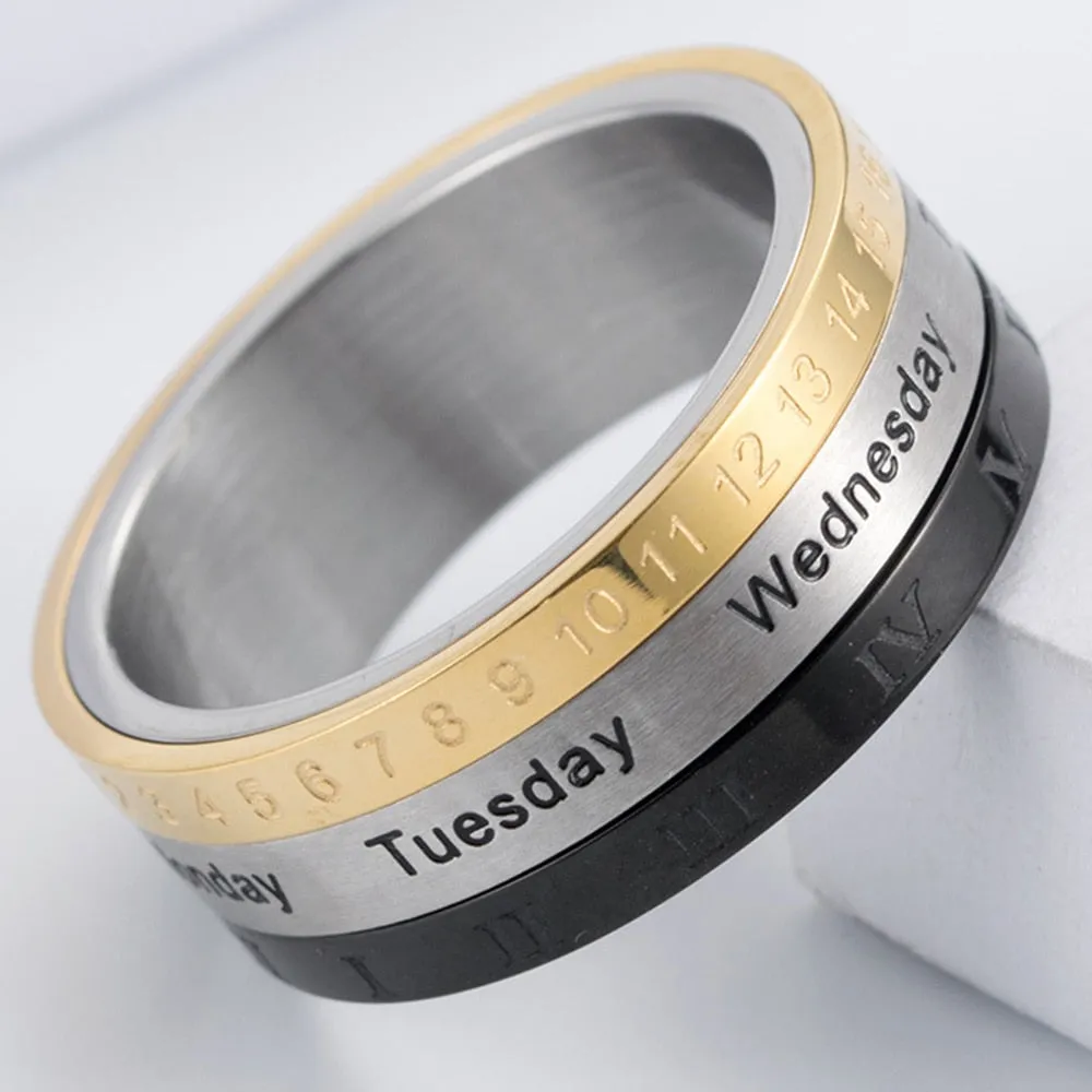 Men's Roman Numerals Date Calendar Time Ring For Rotatable Week Finger Stainless Steel Rings