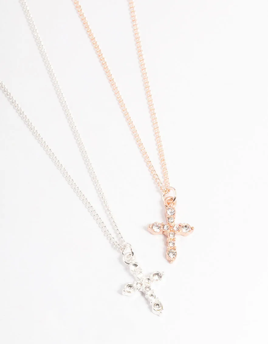 Mixed Metal Classic Diamante Cross Necklace Pack