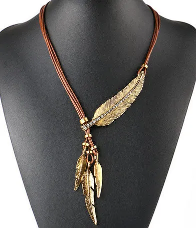 Necklace Alloy Feather Statement Necklaces Pendants Vintage  Rope Chain Necklace Women Accessories wholesale Jewelry