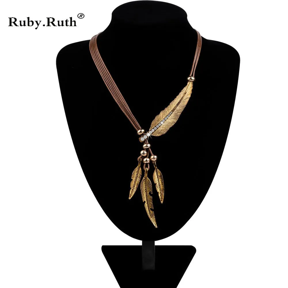 Necklace Alloy Feather Statement Necklaces Pendants Vintage  Rope Chain Necklace Women Accessories wholesale Jewelry