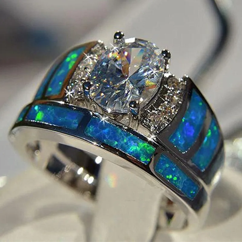 Oval CZ Ring Sets for Women Blue Imitation Opal Wedding Cocktail Party Finger Ring