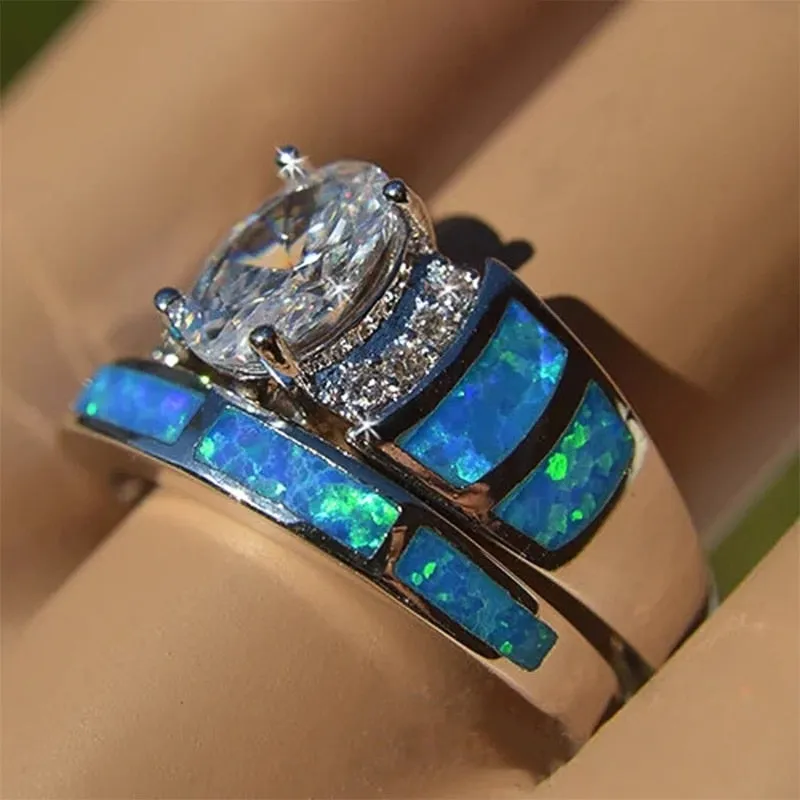 Oval CZ Ring Sets for Women Blue Imitation Opal Wedding Cocktail Party Finger Ring