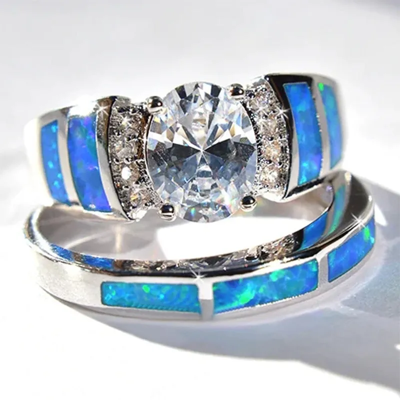 Oval CZ Ring Sets for Women Blue Imitation Opal Wedding Cocktail Party Finger Ring