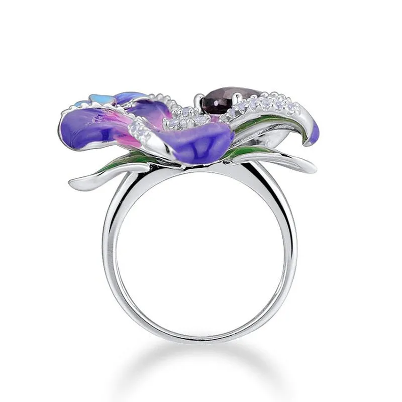 Purple Flower and Butterfly Enamel Ring for Women with Zircon in 925 Sterling Silver