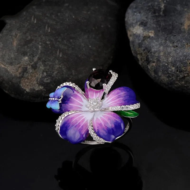 Purple Flower and Butterfly Enamel Ring for Women with Zircon in 925 Sterling Silver