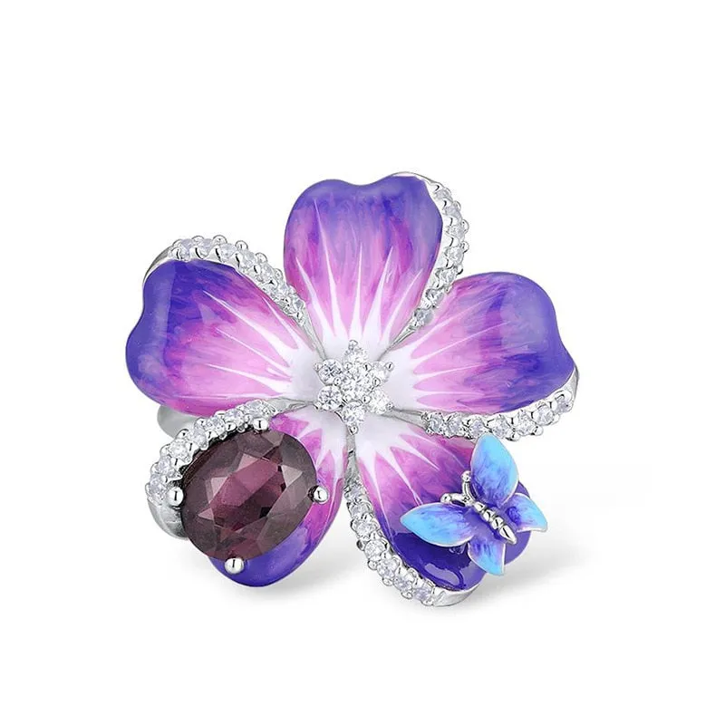 Purple Flower and Butterfly Enamel Ring for Women with Zircon in 925 Sterling Silver