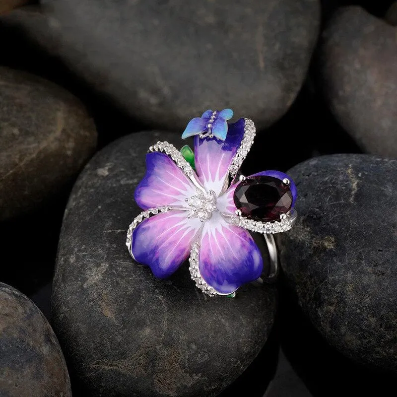 Purple Flower and Butterfly Enamel Ring for Women with Zircon in 925 Sterling Silver