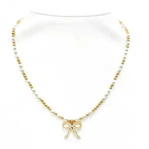 "EMMA   FWP BOW" Charm Gold Filled & Pearl Beaded Choker