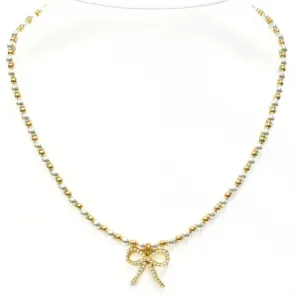 "MAY   FWP BOW" Charm Gold Filled & Pearl Beaded Choker