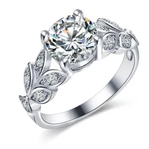 Rings  Crystal Silver Color Leaf Cubic Zircon