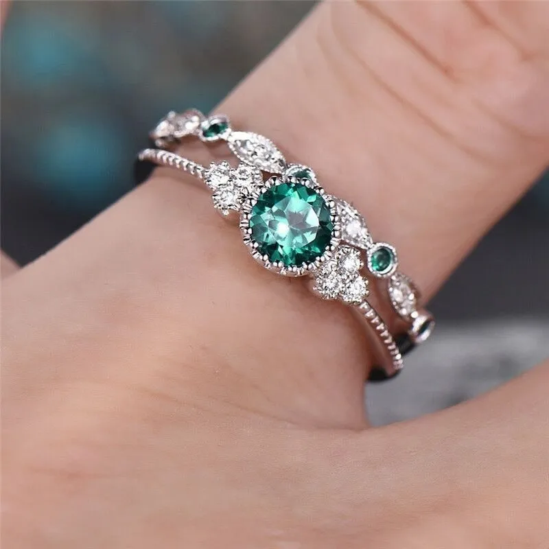 Romantic Jewelry 2Pcs/Set Green Princess Cut Cubic Zircon Couple Rings