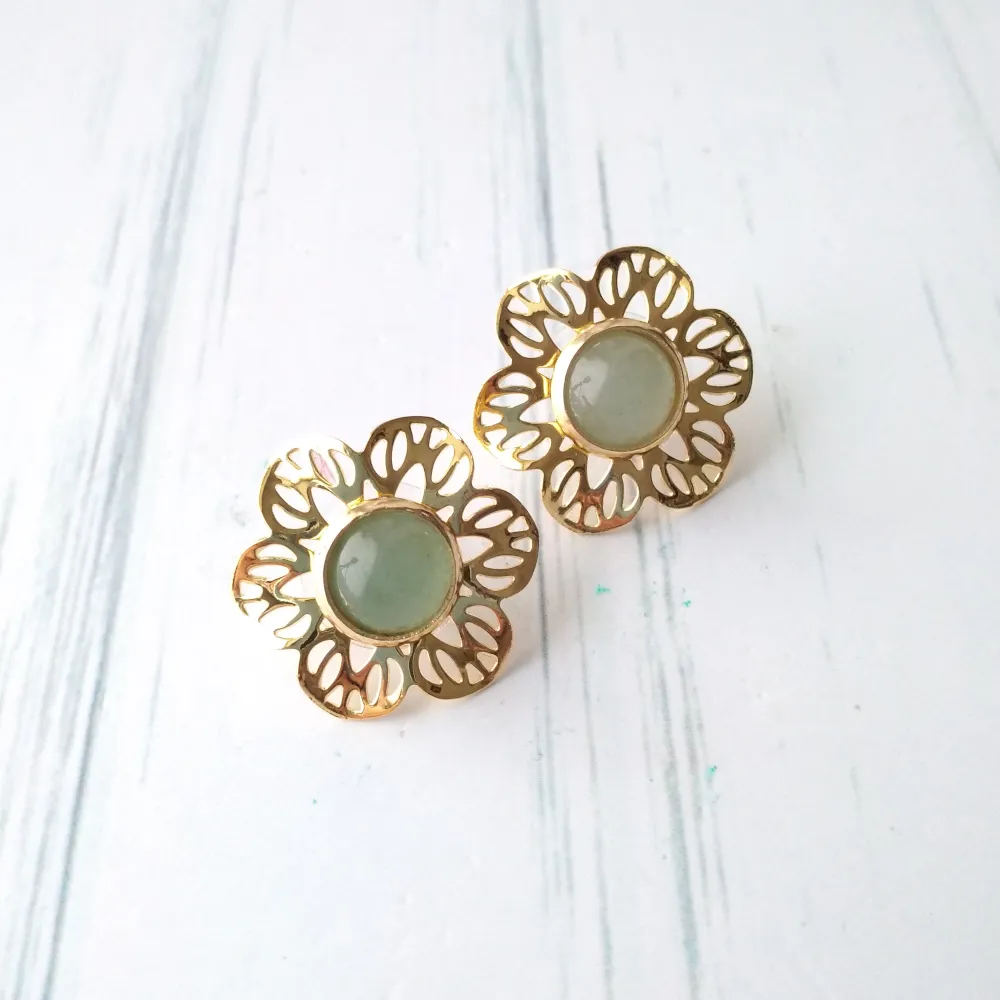 Round Pale Green Jade Stud with Cutout Gumamela Earring Jacket