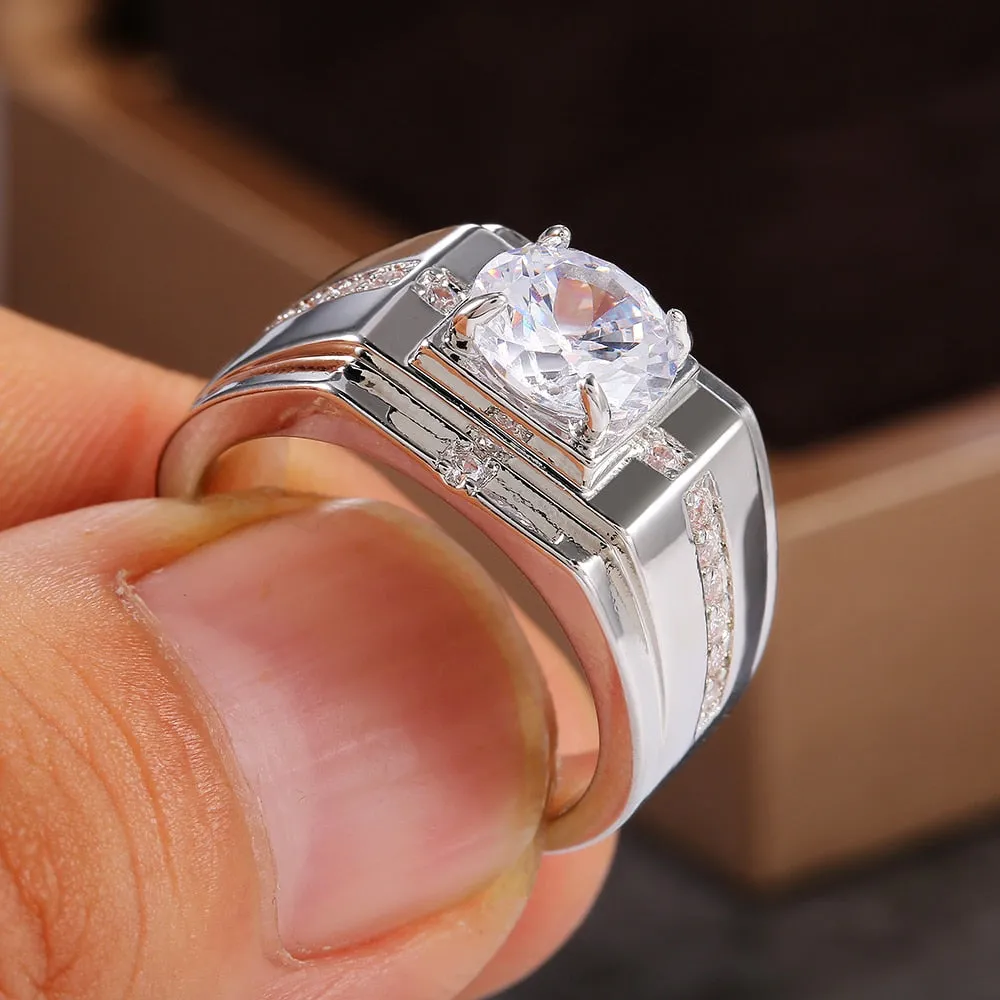 Simple  Elegant Design Engagement Ring for Men with Zircon in Silver Color