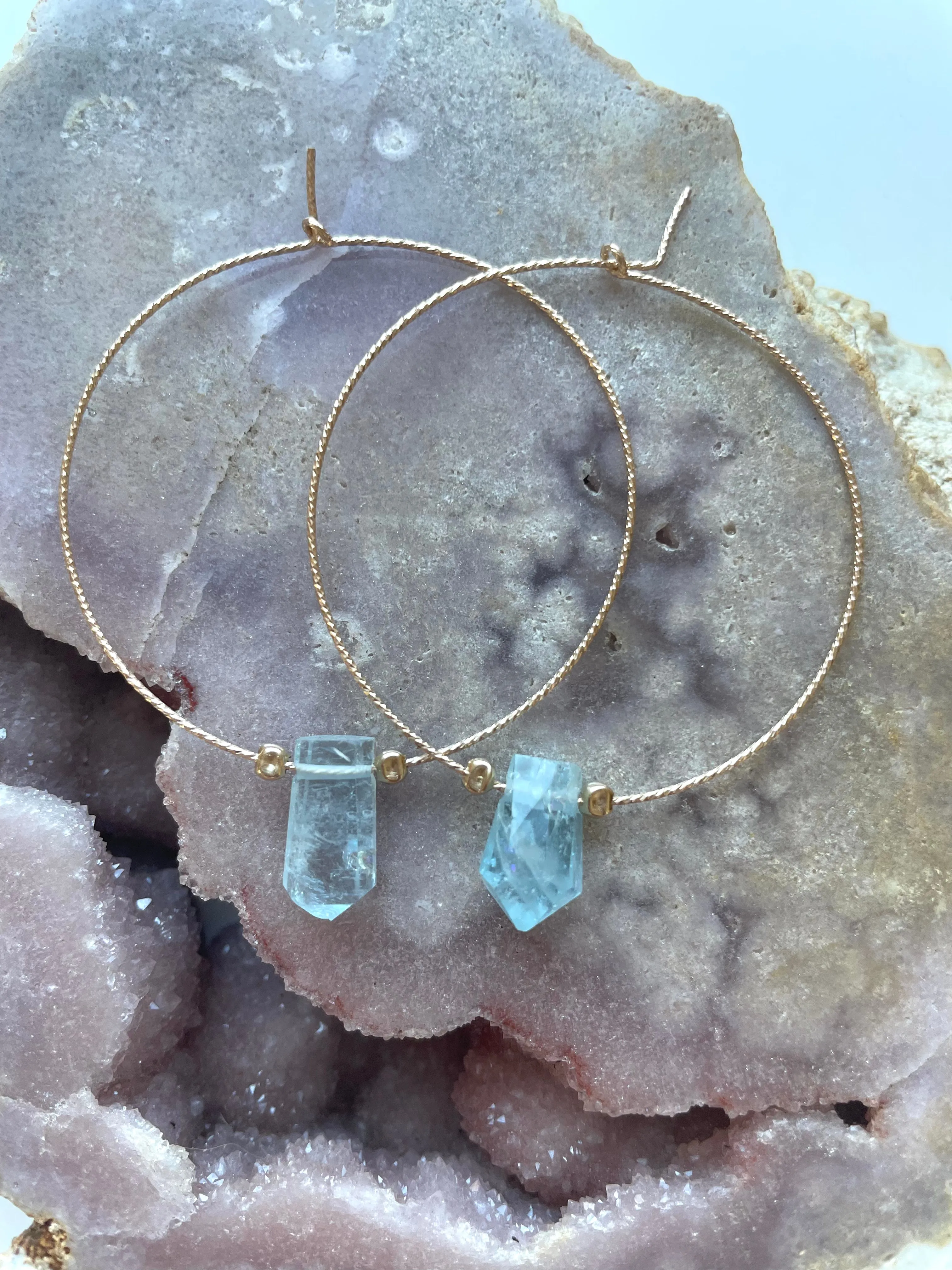 Thin Aquamarine Boho Hoop Earrings Gold Filled