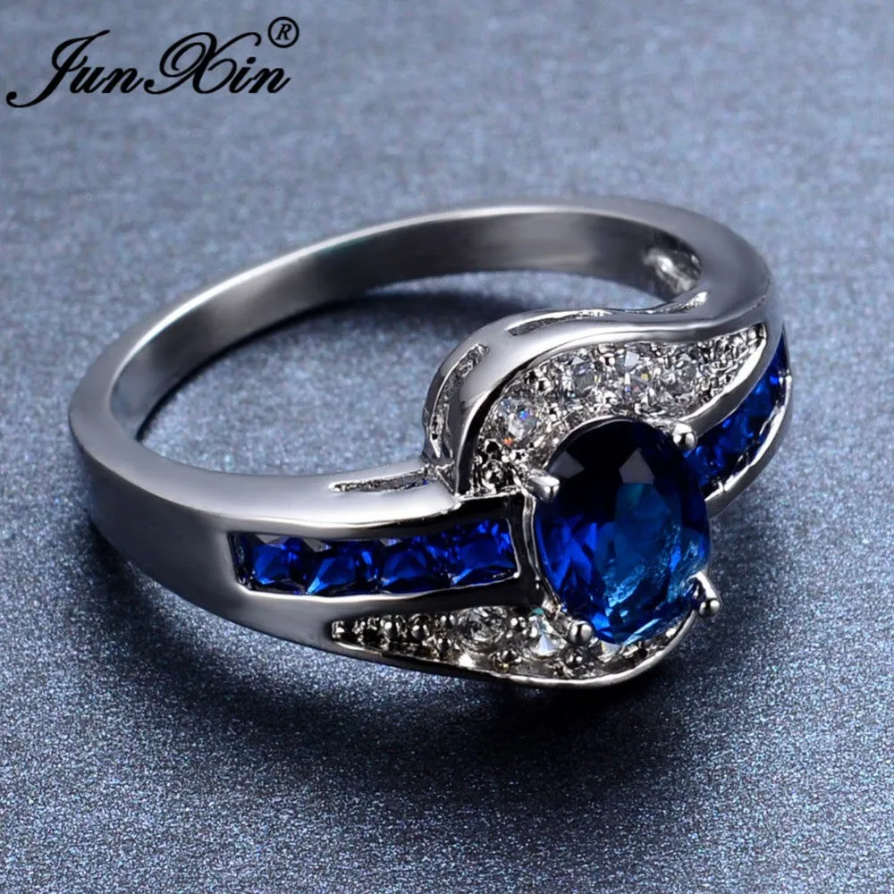 Unique Sapphire Blue Oval Zircon Stone Ring White Gold Filled Engagement Rings