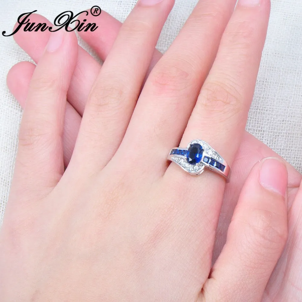 Unique Sapphire Blue Oval Zircon Stone Ring White Gold Filled Engagement Rings