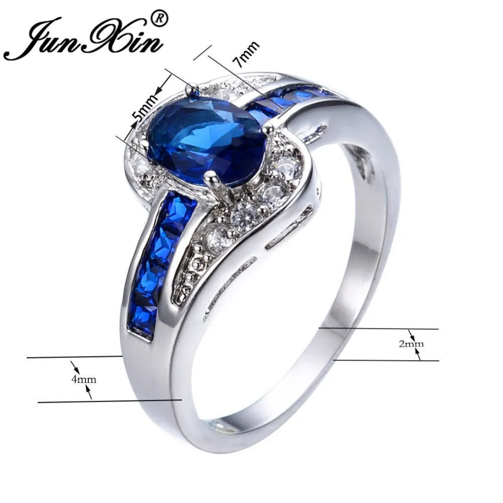 Unique Sapphire Blue Oval Zircon Stone Ring White Gold Filled Engagement Rings