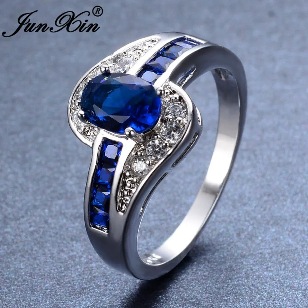 Unique Sapphire Blue Oval Zircon Stone Ring White Gold Filled Engagement Rings