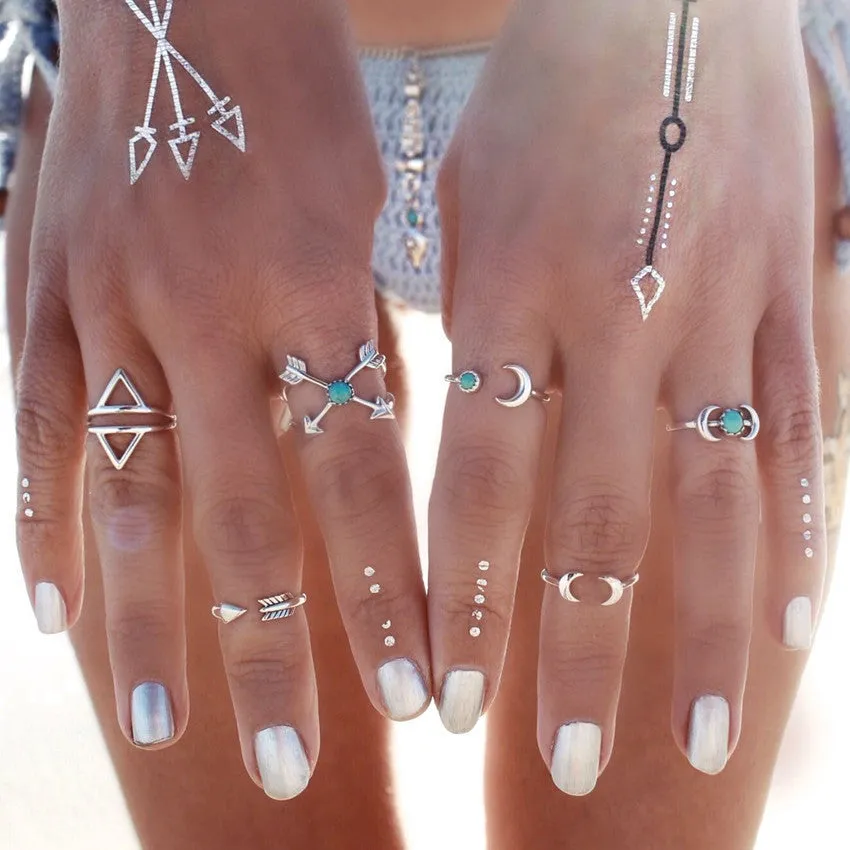 Vintage Turkish Beach Punk Moon Arrow Ring 6PCS