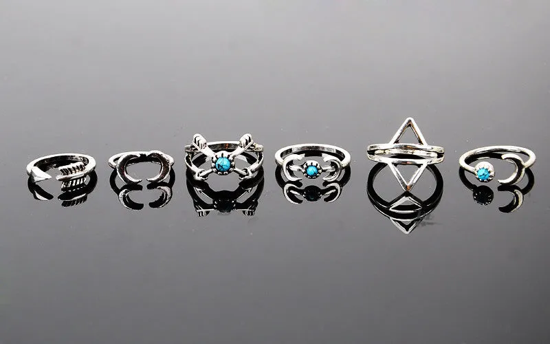 Vintage Turkish Beach Punk Moon Arrow Ring 6PCS